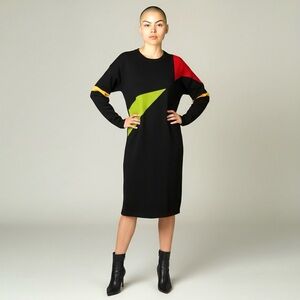 1980s Color Block Cocoon Sweater Dress Oversized Dolman Sleeves